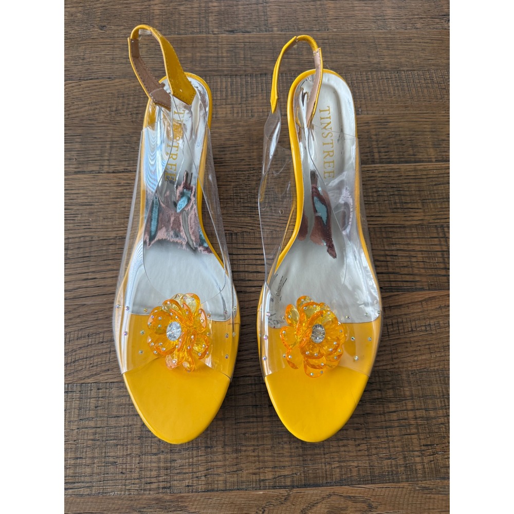 Tinstree Yellow Clear Wedge Floral Slingback Sandals Rhinestone Flower Heels 11